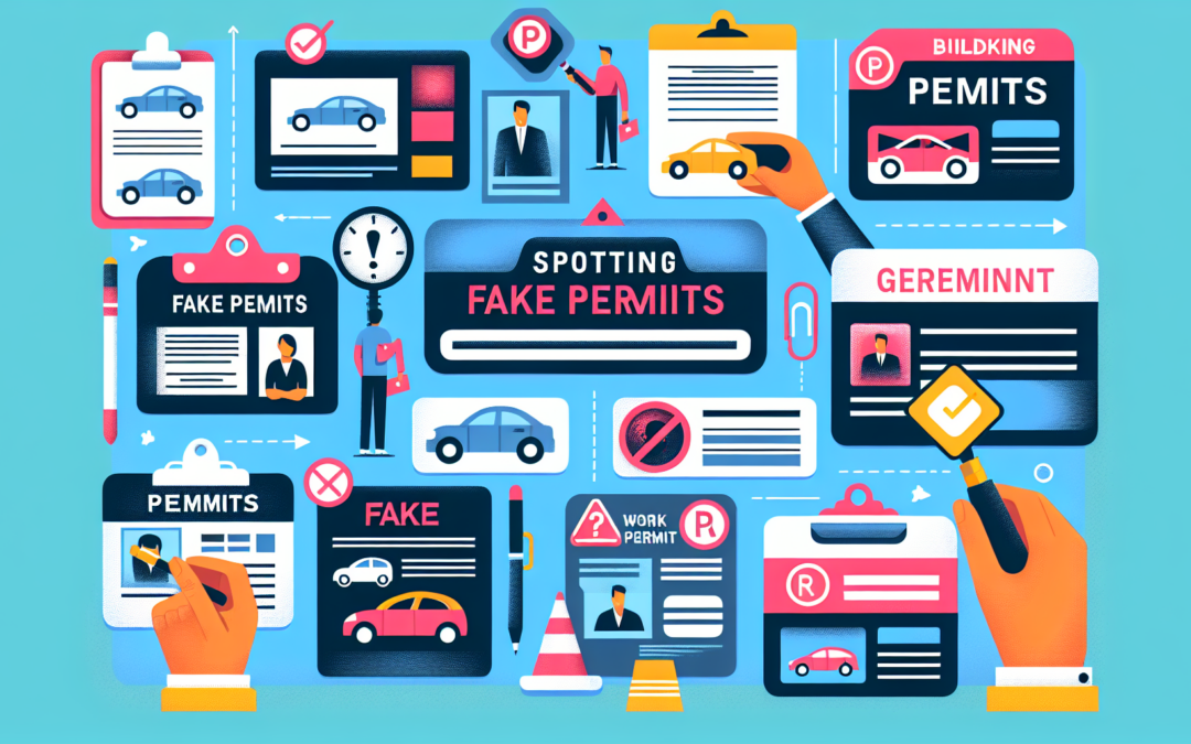 Create an illustration that visualizes the concept of spotting fake permits. It should include various types of permits such as parking permits, work permits, and building permits, with some of them being genuine and others being counterfeit. Include visual cues that help to distinguish between the real and the fake permits, such as inconsistencies in design, color, or quality. The style should be modern, bold and vibrant in color, emphasizing the significance of the subject.