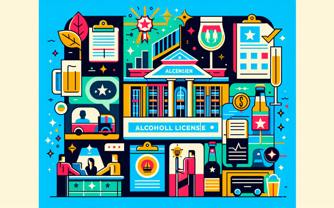 Visualise a modern and vibrant guide to navigating through the process of obtaining an alcohol license in a city. The guide should be without any words, only using illustrations to convey the message. The style should be contemporary with bright and rich colors. The display should include several symbolic representations such as the government building or office where the license is obtained, identifiable paperwork indicating alcohol licenses, and a celebratory icon indicating successful attainment of the license.