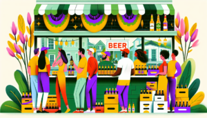 Create a modern and colorful illustration that portrays the scenario of buying beer on Sundays in Louisiana. This could possibly include diverse people of different genders and descents, maybe standing in line in a corner store with a few six-packs of beer on the counter. The store could be adorned with Mardi Gras decorations and outside there could be a lively street with blooming magnolias, creating the distinctive ambiance of Louisiana. No words are to be included in the image.