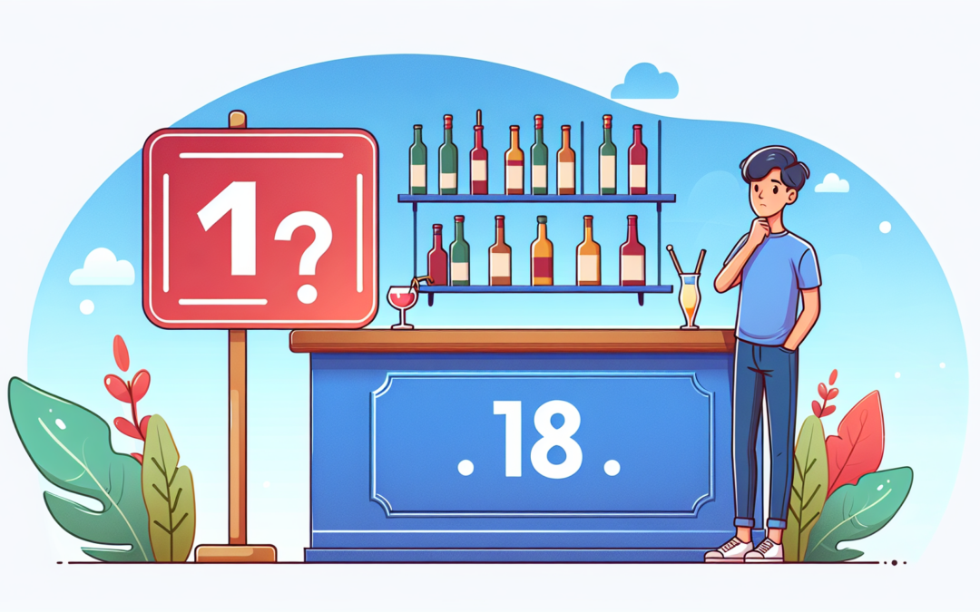 Create a modern and colorful illustration portraying the concept of understanding age requirements for bartending. The scene includes a young adult, possibly 18, standing behind a bar with a curious expression. Beside them is a large signboard with a question mark, signifying the question around age limits. Emphasize the theme of inquiry and understanding through the visual cues. Please avoid text in the image.