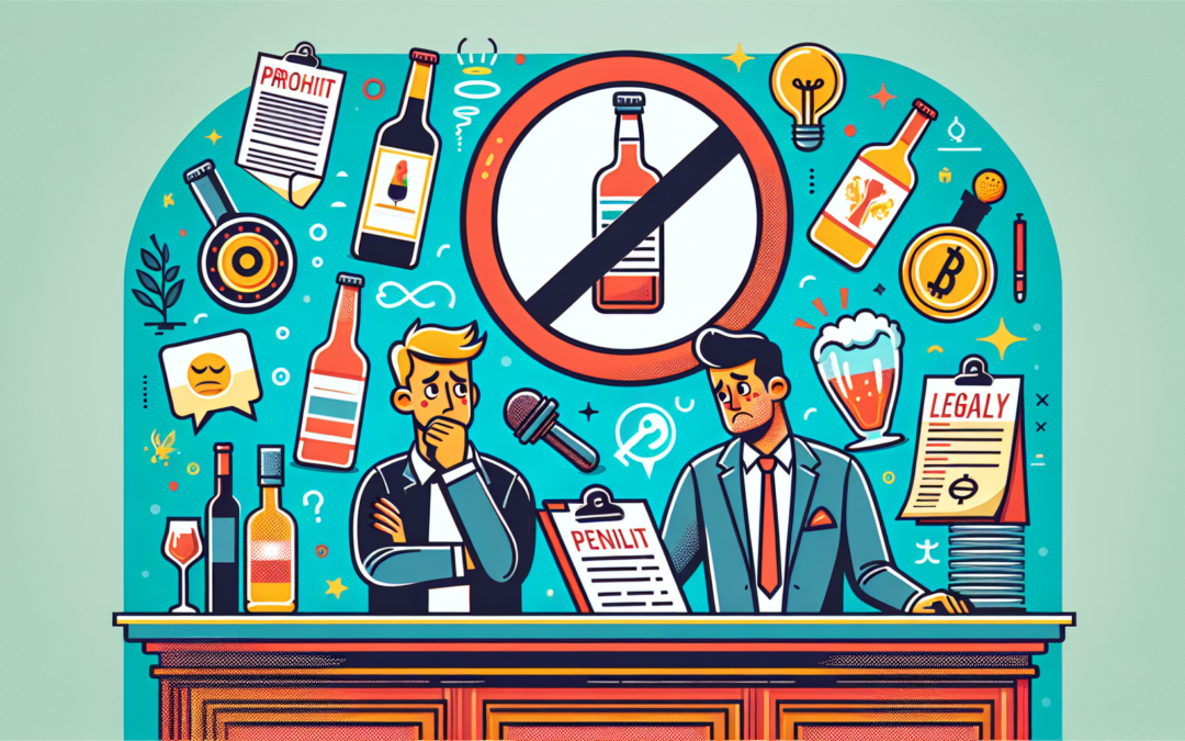 Create an illustrative, colorful and modern design showing the consequences of serving alcohol without specific bar certifications. The depiction can include a bar setting with different elements like a bottle of alcohol with a prohibition sign, a confused patron, a bar owner looking anxious and legal documents suggesting penalties, fines or enforcement from an authoritative body. Please note that the scene should contain no words.