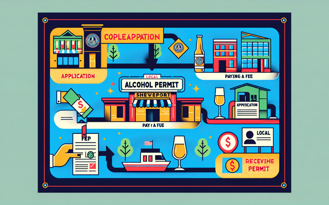 A detailed, colorful, and modern illustration that visually explains the process of obtaining a local alcohol permit in Shreveport. The image should include distinct steps, such as completing an application, paying a fee, and receiving the permit. The art style should be aligned with contemporary design aesthetics and will exclude any text. Each stage should be clearly depicted and easily understandable through the visual elements alone.