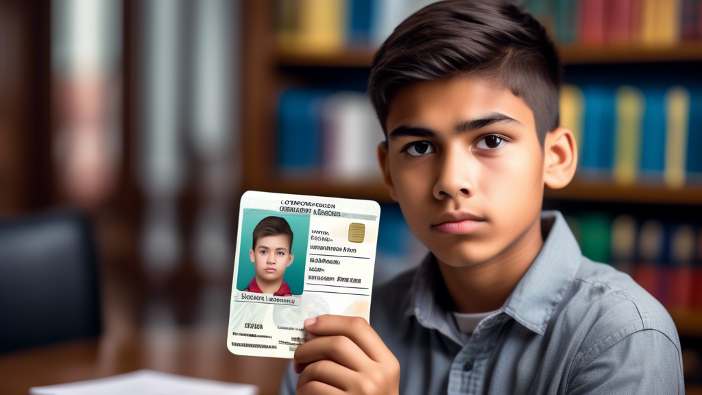 A young person holding a realistic-looking fake ID, with a serious facial expression. The background is a blurry office setting, with law books and a gavel visible on the desk.