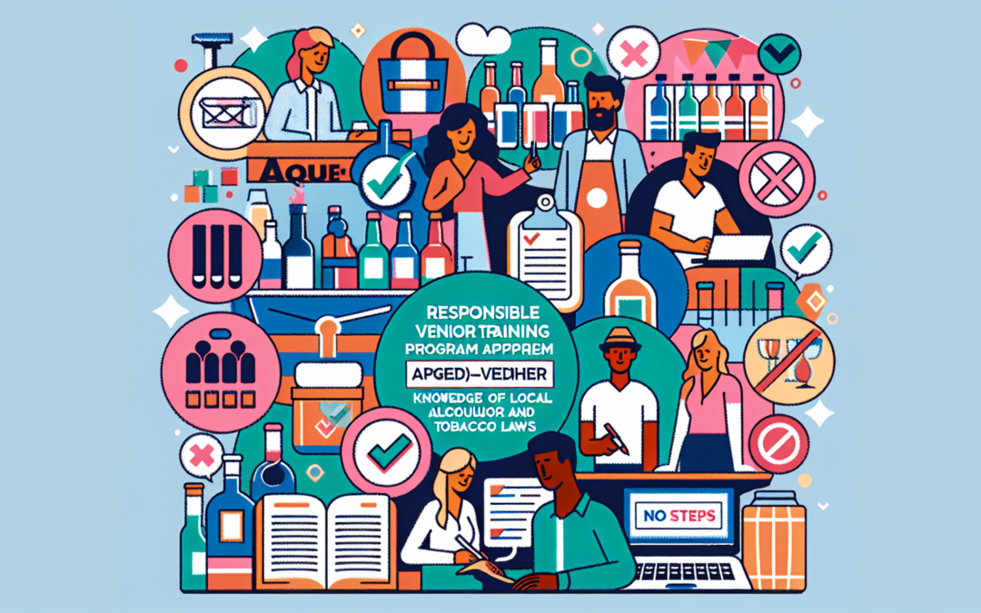 Create a colorful and modern illustration representing a responsible vendor training program approved by the Alcohol and Tobacco Control in Louisiana. The illustration should capture aspects such as substances' safe handling, age-verification checks for sales, knowledge of local liquor and tobacco laws, and proactive steps for responsible selling. There should be a mix of genders and descents among the illustrated individuals involved in the training. Note: No text should be included in the image.