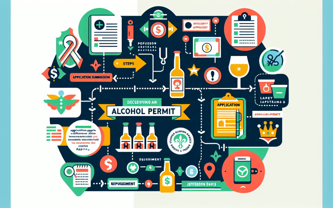 Create a modern and colorful infographic illustrating the process of obtaining an alcohol permit in a fictional locale named Jefferson Davis Parish. The image should visually narrate the different steps involved, from application submission, to requirements and approval. This image should not contain words, but rather, communicates its messages via icons, symbols and graphics.