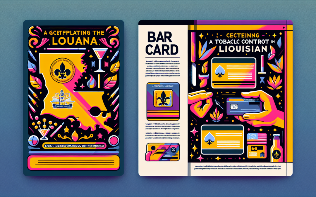 Create a vibrant and contemporary styled, illustration-only guidebook cover explaining the basics of obtaining a Bar Card from the Alcohol Tobacco Control department in Louisiana. The design should depict the state of Louisiana, symbols that signify cocktails, tobaccos, and a generic card illustrating the Bar Card. Ensure that the illustration captures the professional nature of the process while maintaining a creative and modern aesthetic.