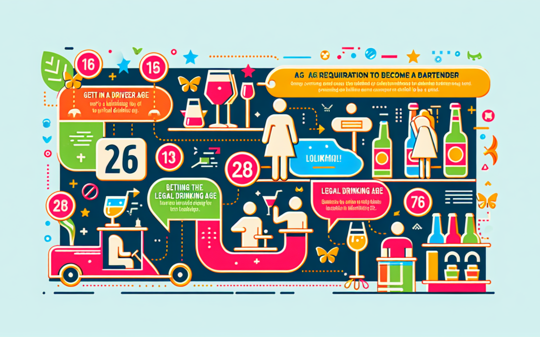 Illustrate a colorful and modern infographic explaining the age requirement to become a bartender. The infographic should include various stages of age with corresponding milestones, such as getting a driver's license, reaching the legal drinking age, and finally becoming eligible to be a bartender. Use bright colors, clear symbols, and engaging visuals to demonstrate the concept without any text.