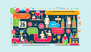 Illustrate a colorful and modern infographic explaining the age requirement to become a bartender. The infographic should include various stages of age with corresponding milestones, such as getting a driver's license, reaching the legal drinking age, and finally becoming eligible to be a bartender. Use bright colors, clear symbols, and engaging visuals to demonstrate the concept without any text.