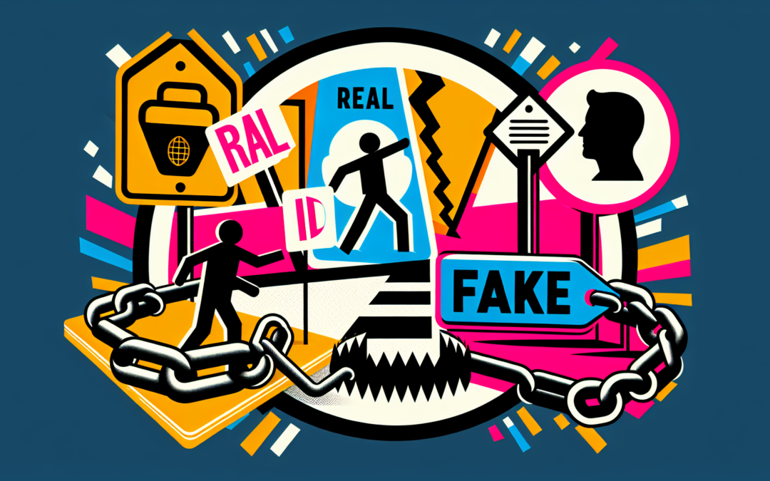 An image that vividly illustrates the risks associated with Fake State IDs. The image includes notable symbols such as broken chain links to indicate danger, a trap with an ID in it, and a silhouette of a person faced with a crossroad labeled 'real' and 'fake'. The design should be contemporary with a strong use of vivid colors for visual impact. No words or text should be included in the image.