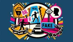 An image that vividly illustrates the risks associated with Fake State IDs. The image includes notable symbols such as broken chain links to indicate danger, a trap with an ID in it, and a silhouette of a person faced with a crossroad labeled 'real' and 'fake'. The design should be contemporary with a strong use of vivid colors for visual impact. No words or text should be included in the image.