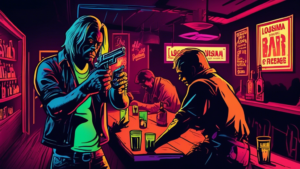 Create an image illustrating the dangers of combining alcohol and firearms in Louisiana. Show a bar scene with a neon sign that reads Louisiana Bar in the