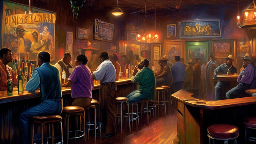 Create an image depicting a dimly-lit bar setting in Louisiana, capturing a tense atmosphere. Patrons are engaged in thoughtful conversation, but the focus