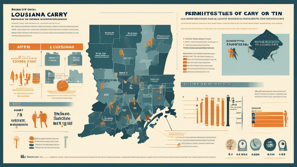 An insightful infographic depicting the impact of permitless carry in Louisiana, featuring a balance between public safety concerns and constitutional righ